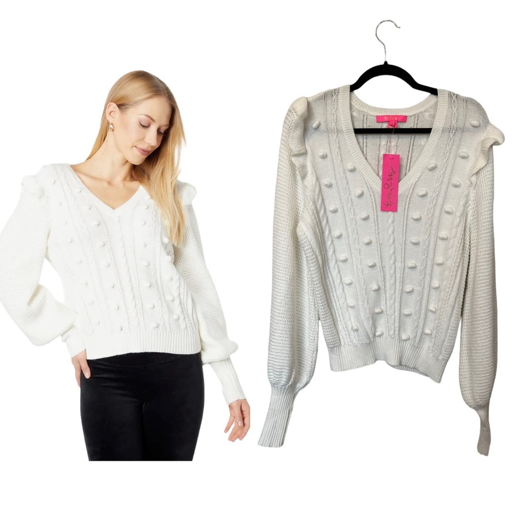 NWT Lilly Pulitzer Sweater White Long Puff Sleeve Pom Detail V-Neck Cotton Top M